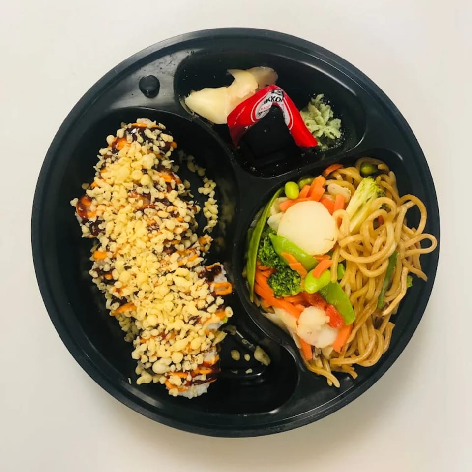 My Sushi & Catering LLC bento box with tempura sushi, noodles, vegetables, ginger, and wasabi.